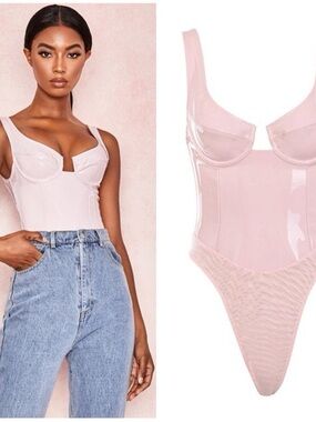 House of CB Kezia vinyl pink bodysuit.